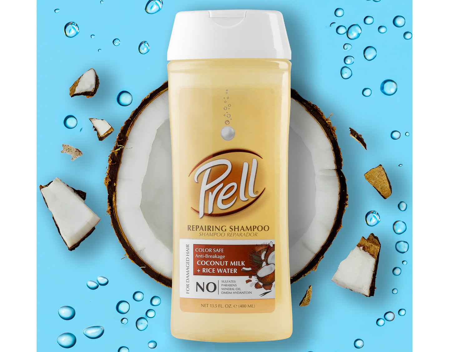 Prell Coconut Milk + Rice Watercolor Safe Anti-Breakage Repairing Shampoo for Damaged Hair, 13.5 fl.oz