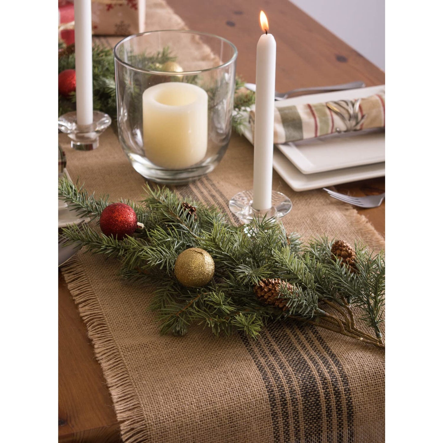 DII Jute Burlap Collection Kitchen Tabletop, Table Runner, 14x72, Middle Stripe Gray