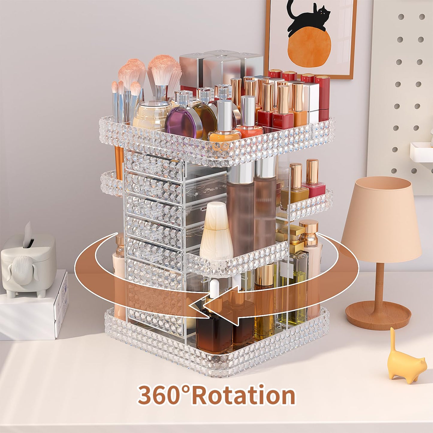 BOCONY 360 Rotating Makeup Organizer for Vanity, Large Skin Care Organizer with 6 Drawers Clear Acrylic Cosmetic Organizer Adjustable Spinning Makeup Storage Perfume Organizer for Dresser (Clear)