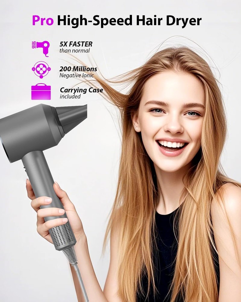 Hair Dryer with Carry Case, 160000 RPM Professional High-Speed Ionic Blow Dryer 200 Millions Negative Ionic&3 Speeds&3 Temps& Low Noise, Hairdryer with diffuser for Faster Drying, No Heat Damage, Gray