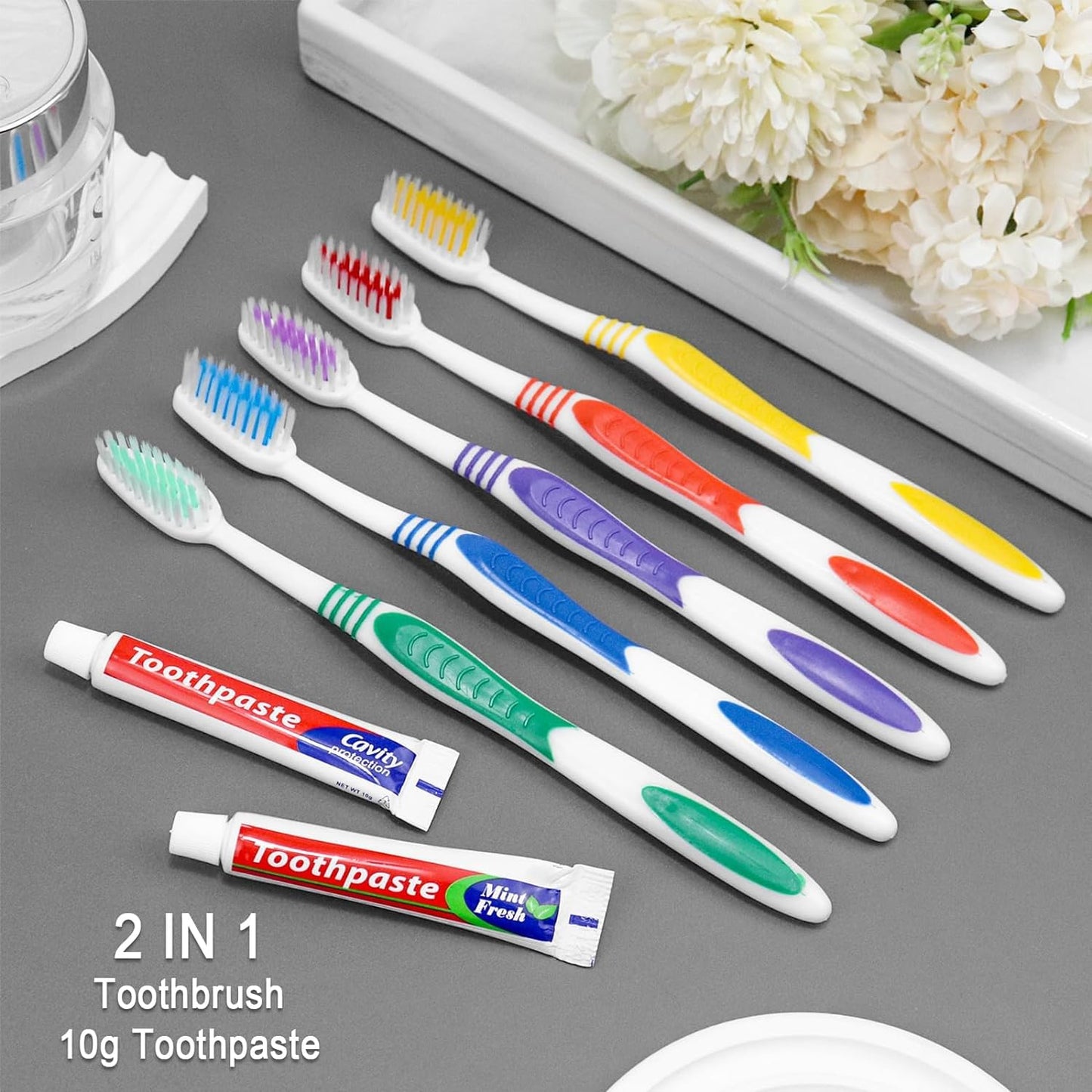 SLequipo Pack of 50 Disposable Toothbrushes with Toothpaste Individually Wrapped, 10g Travel Toothpaste Single Use Manual Toothbrush Kit for Guests Travel Hotel Nursing (50 pcs,5 Colors)