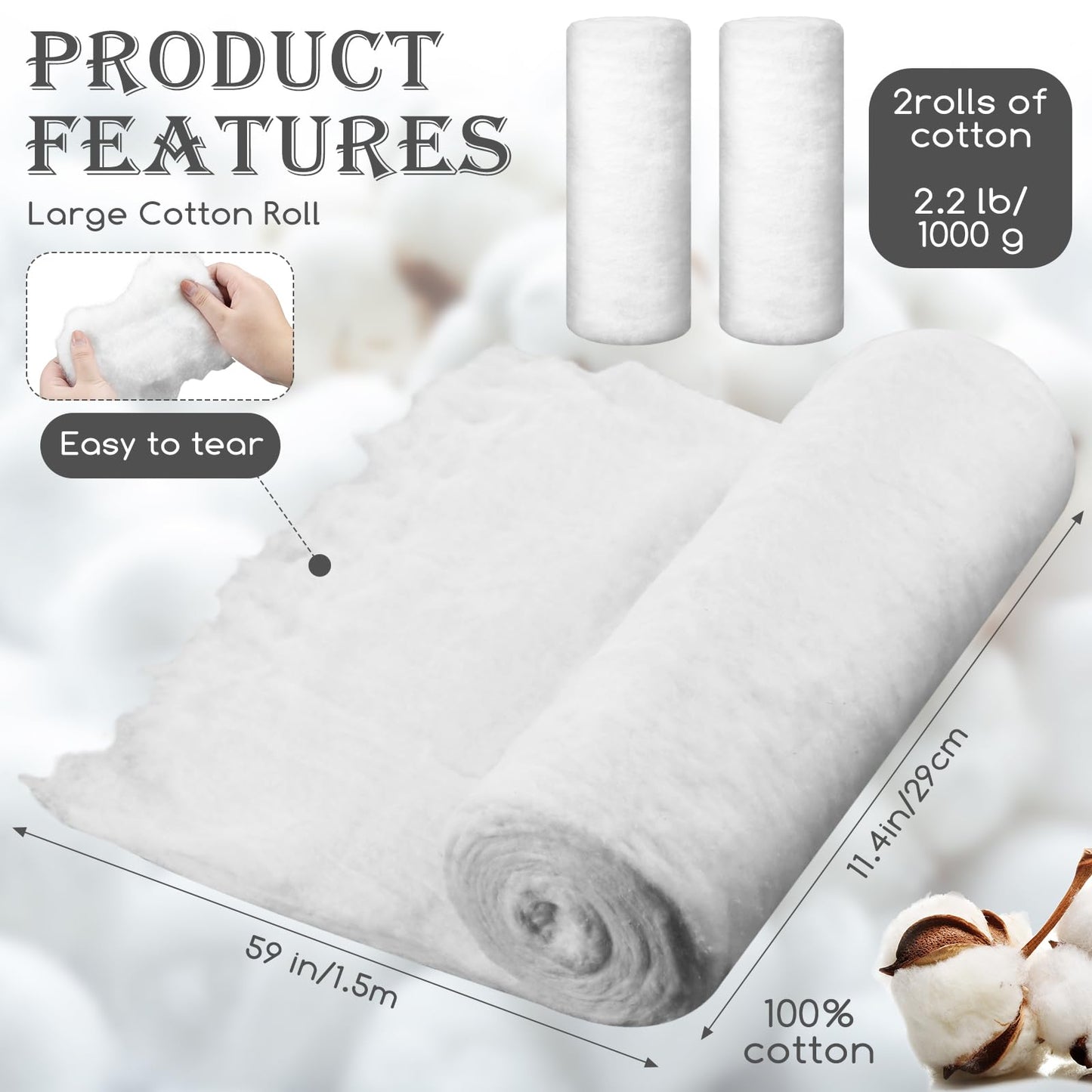 VitalCozy 2 Rolls Cotton Roll for Cosmetic Application Product Removal 2.2 lb High Absorbent Soft Pure Cotton Ball Multipurpose Use for Makeup Remover Salon Beauty Baby Care