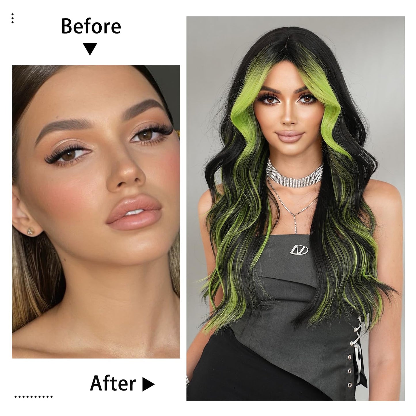 TRUMOST Black Wig Green Highlight Long Wavy Wig with Curtain Bang 26 Inch Ombre Black Green Wig Synthetic Heat Resistant for Women Daily Party used.