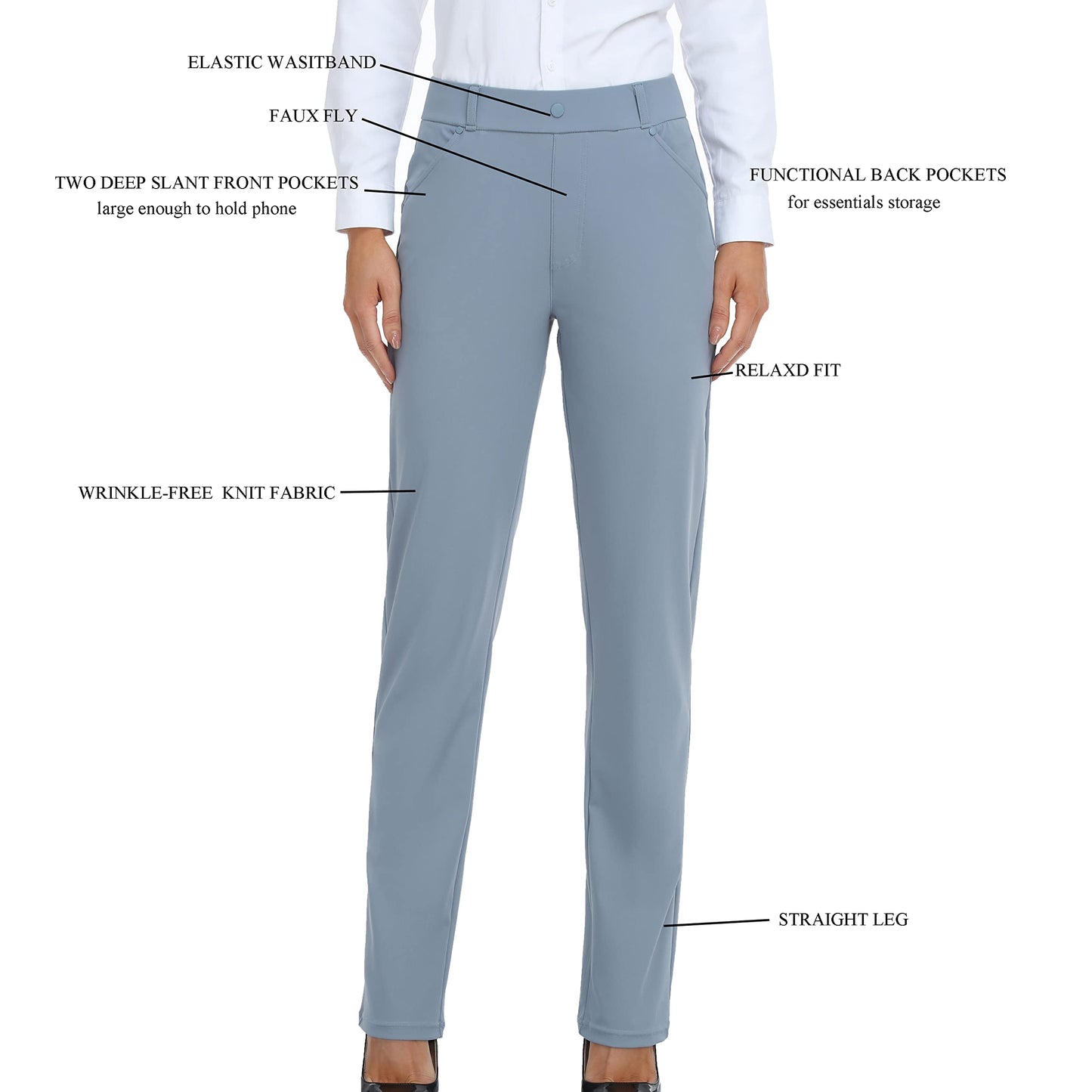 Oalka Women's Dress Pants Straight Leg Yoga Work Stretchy Pant for Office Business Denim Blue Long L