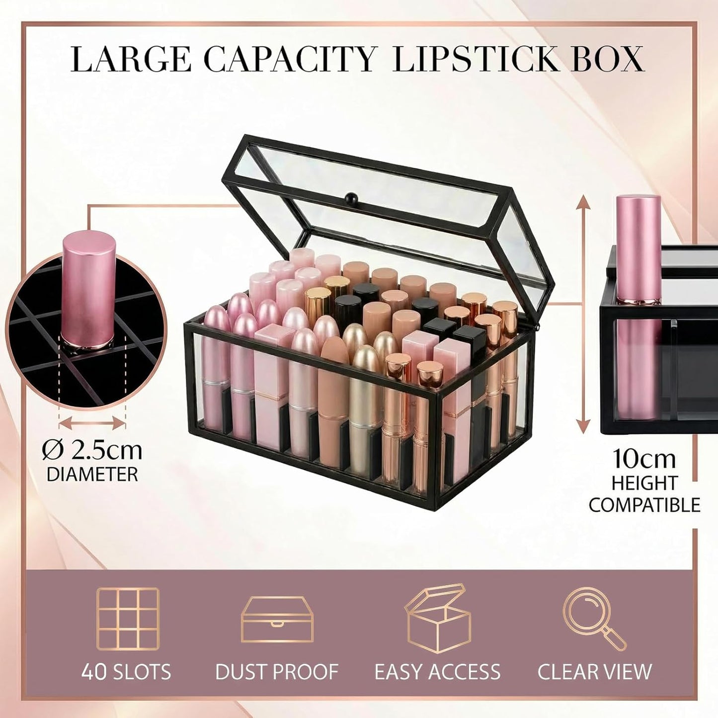 Lipstick Organizer - 40 Slot Glass Display Box for Perfume & Skincare | Easy-Access Vanity Storage Solution