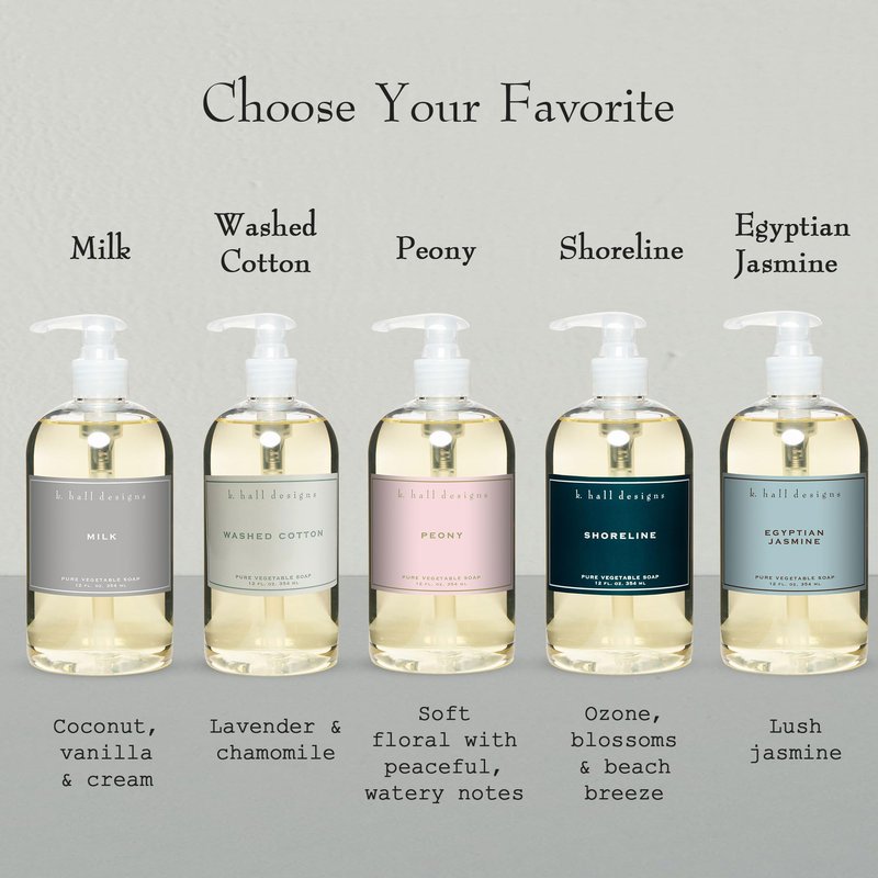 K. Hall Designs Washed Cotton Liquid Hand Soap, Refreshingly Clean Scent with Lavender and Chamomile, Natural Liquid Soap for Bathroom & Kitchen, Plant-Based Formula, 12 fl oz