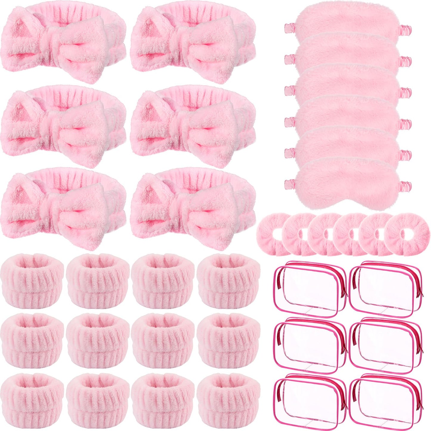 Hoteam 30 Pcs Sleepover Party Supplies for Women Slumber Spa Party Supplies 6 Pink Spa Headband 6 Pink Plush Sleep Eye Mask 6 Velvet Scrunchies 6 Wristband 6 Clear Cosmetic Bags