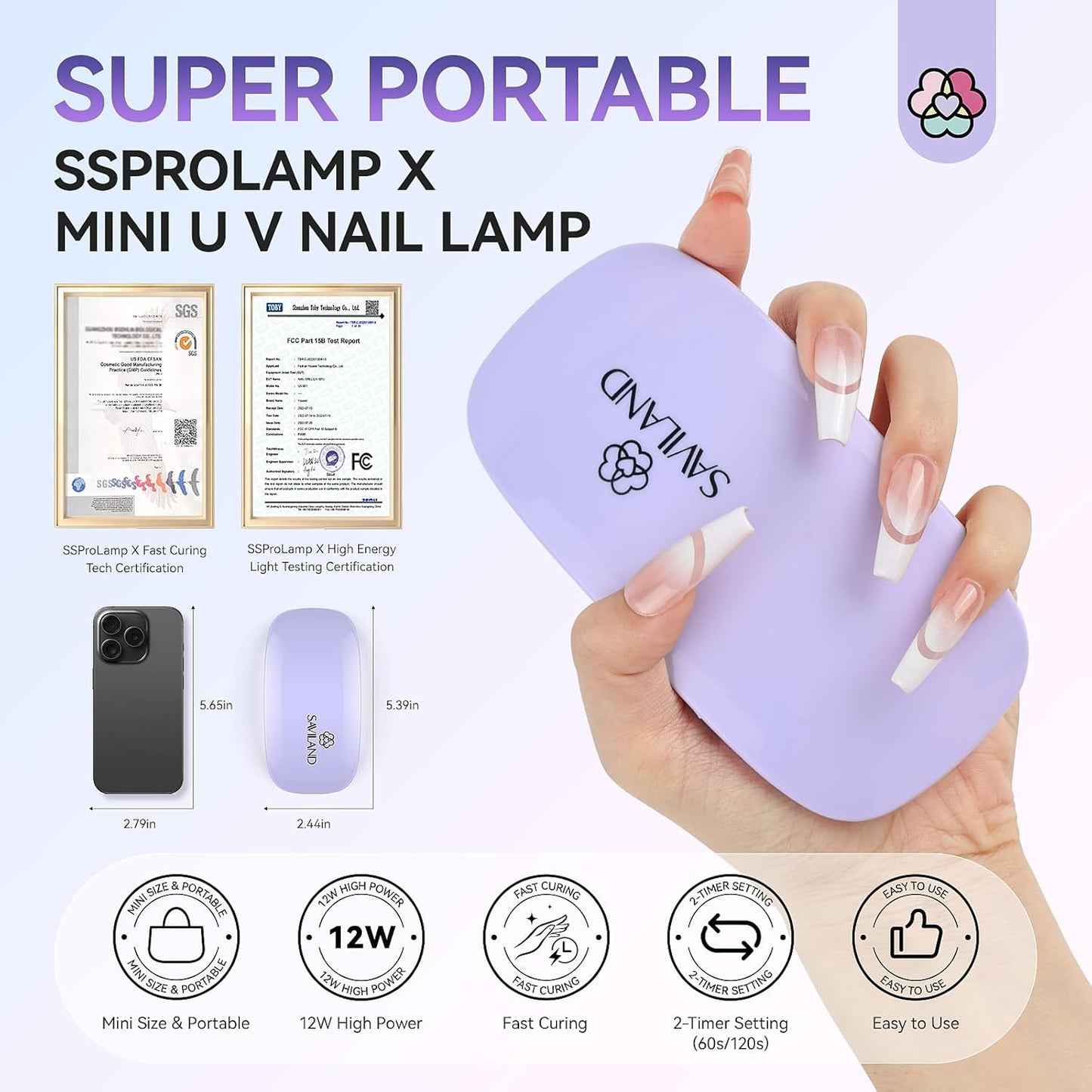 Saviland Mini Nail Lamp, Quick-Dry Gel Nail Lamp 16W, Portable U V Light for Easy and Fast Nail Extension, U V LED Curing Lamp for Manicure Starters DIY Nail Art