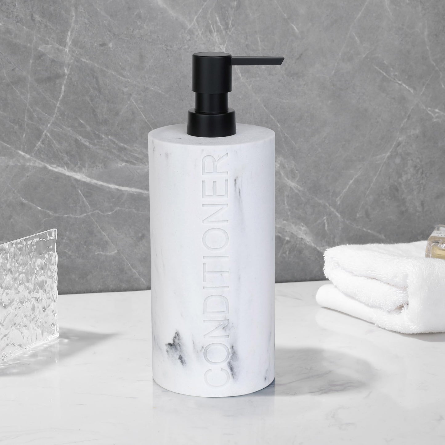 Indecor Home Conditioner Dispenser Luxurious Refillable Pump Bottle with Embossed Text, Durable Construction for Bathroom and Kitchen