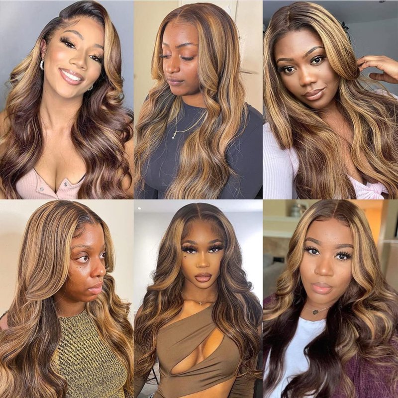 Isufer Highlight Lace Closure Human Hair Pre Plucked With Baby Hair 4/27 Closure Body Wave Brown To Honey Blonde Two Tone Closure Human Hair 4X4 Free Part Bleached Knots Brazilian Virgin Hair 10 Inch