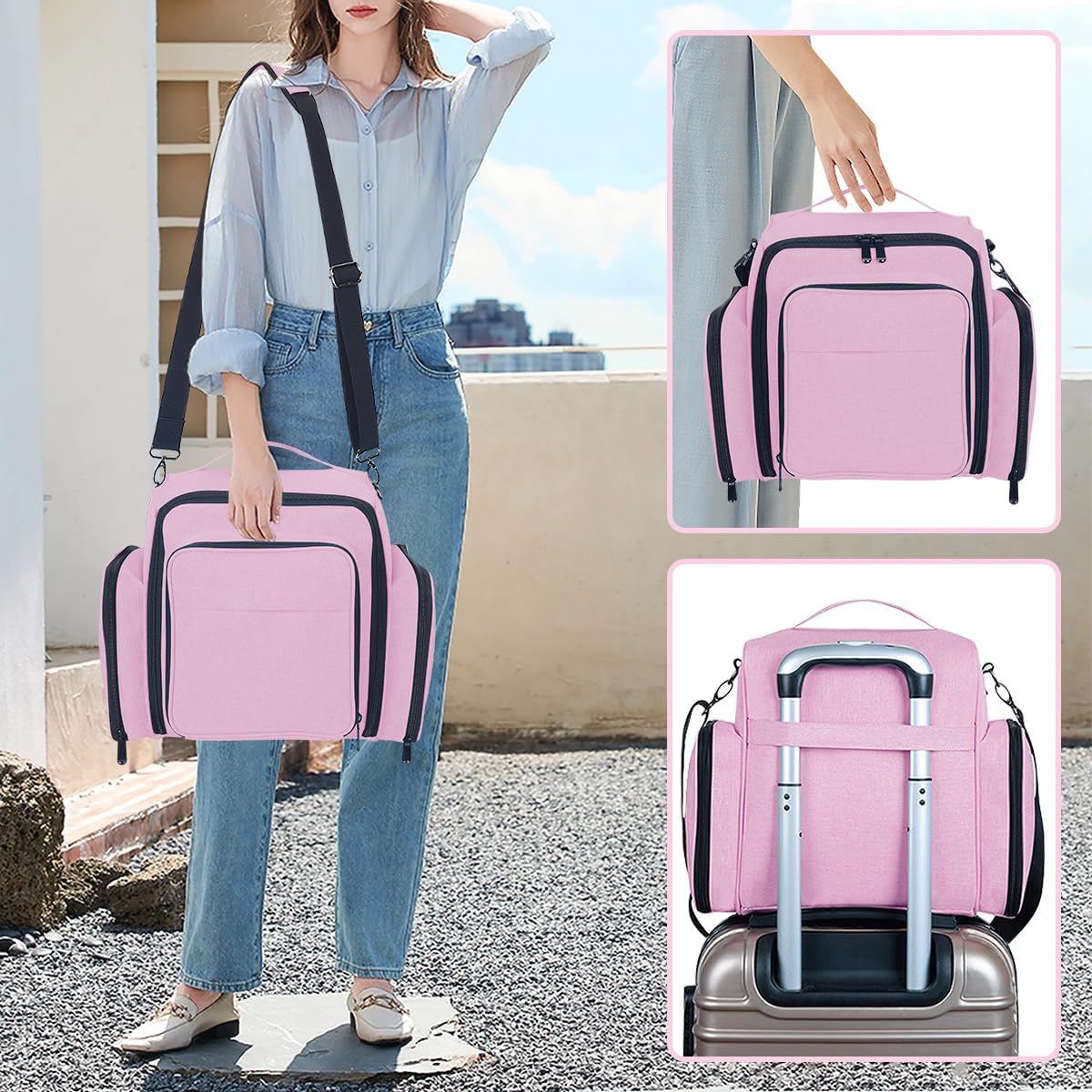 Large Makeup Bag Organizer - Multifunctional Cosmetic Case with 3 Removable Pouches | Pink Travel Storage