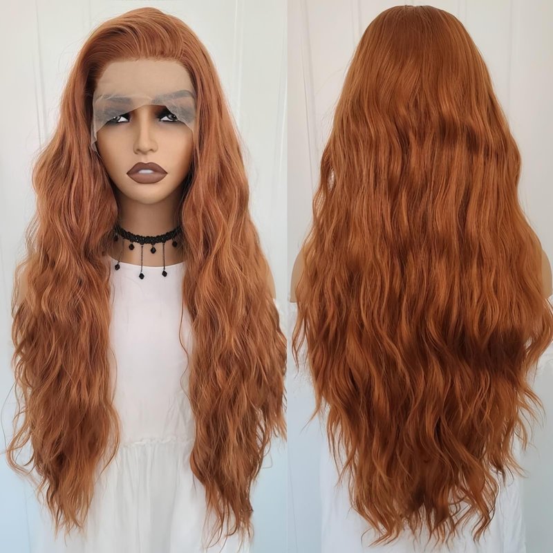 RONGUDOYI Ginger Curly Wig Long Wavy Synthetic Lace Front Wig Glueless Orange Curly Natural Hair Water Wave Lace Front Wigs Burnt Orange Wigs for Women