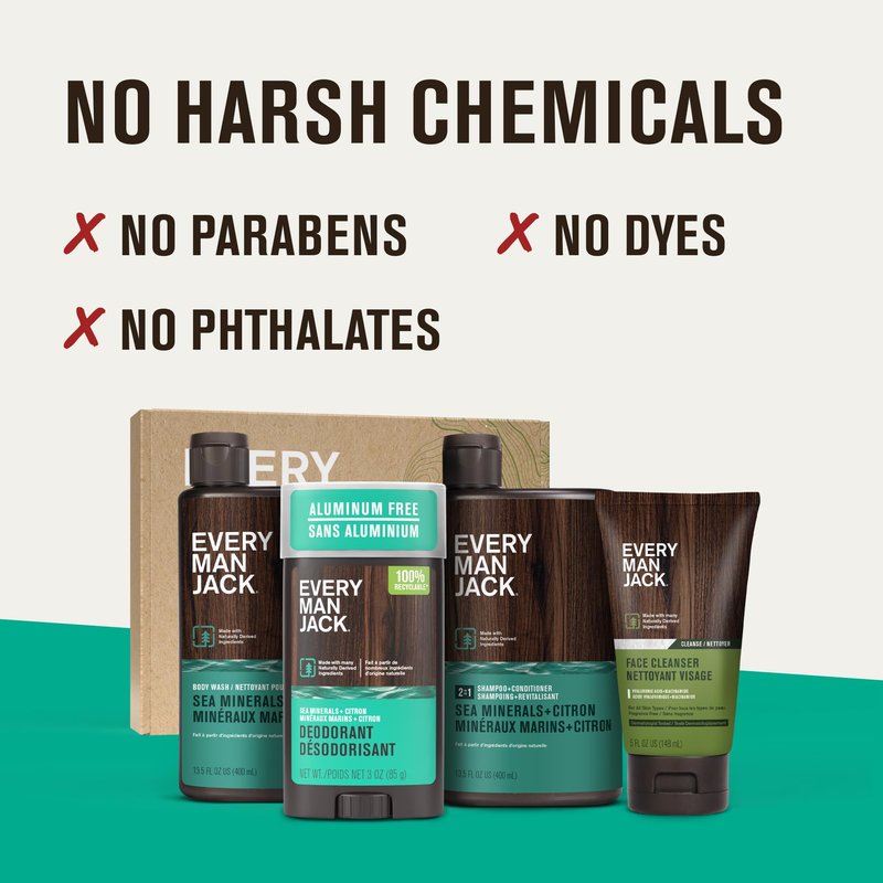 Every Man Jack Men's Bath and Body Gift Set - Sea Minerals + Citron Scent - Clean Ingredients - Includes Hydrating Body Wash, 2-in-1 Shampoo, Aluminum-free Deodorant & Face Wash