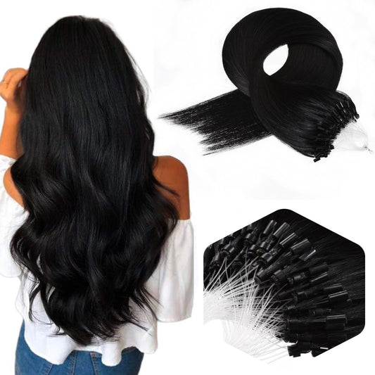 Microlink Hair Extensions Human Hair Jet Black Micro Loop Human Hair Extensions 16 Inch #1 Microbead Hair Extension for Women 100s, 50g Bead Hair Extension