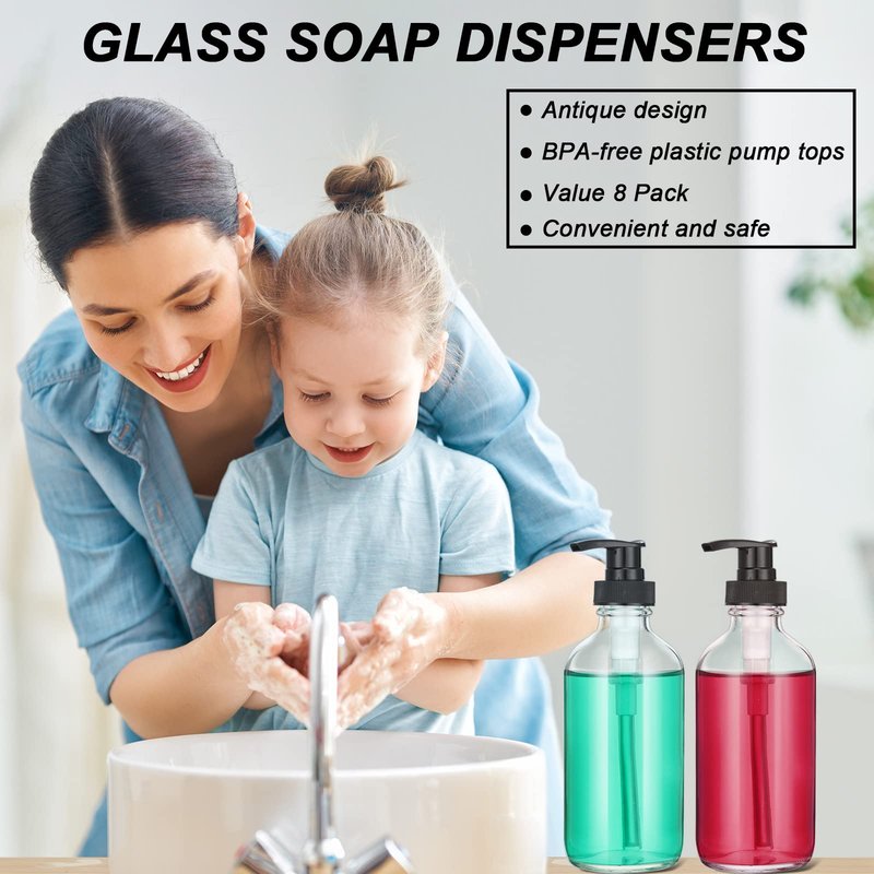 8 Pack Glass Pump Bottles with Black Lotion Pumps 8 oz Refillable Pump Bottles Dispenser Thick Glass Lotion Soap Shampoo Massage Oil Containers Multipurpose for Salon Cosmetic Kitchen Bathroom(Clear)