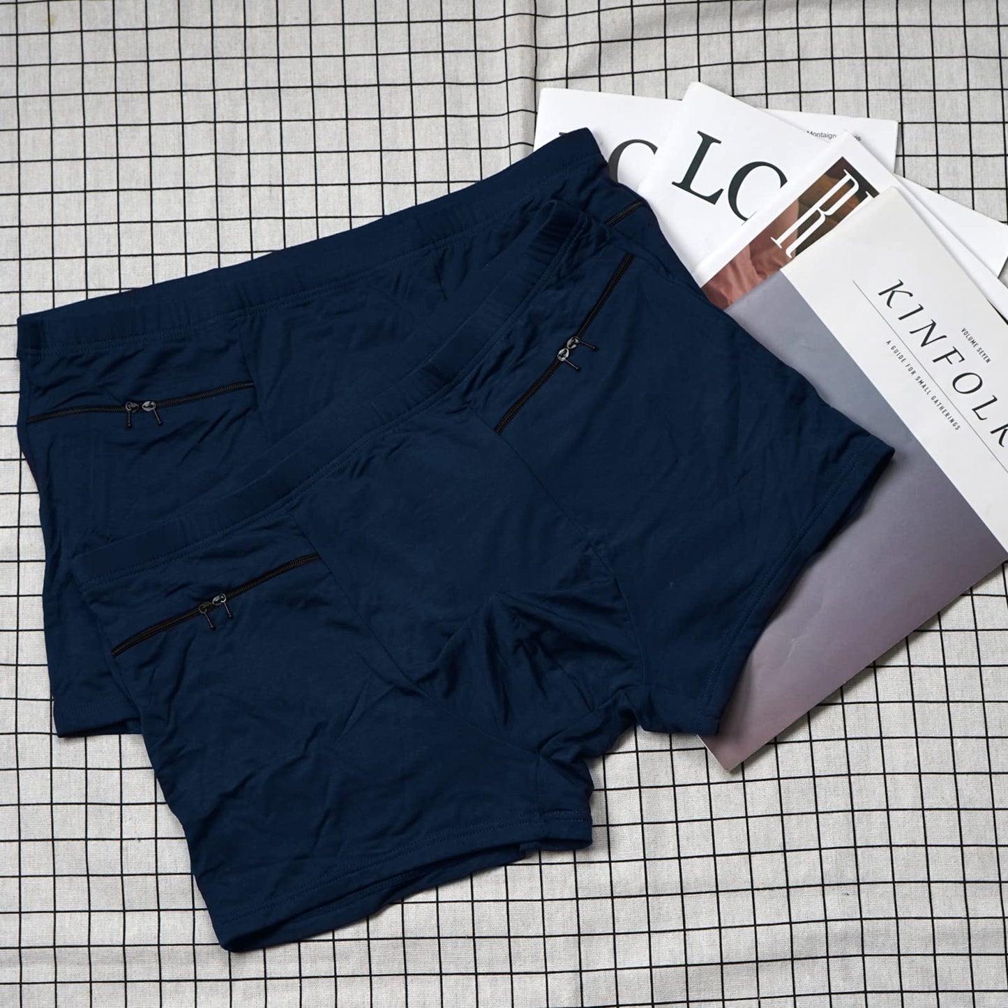 LUEXBOX Pocket Underwear for Men with Secret Hidden Pocket, Travel Boxer Briefs, Medium Size 4 Packs (Dark Blue)