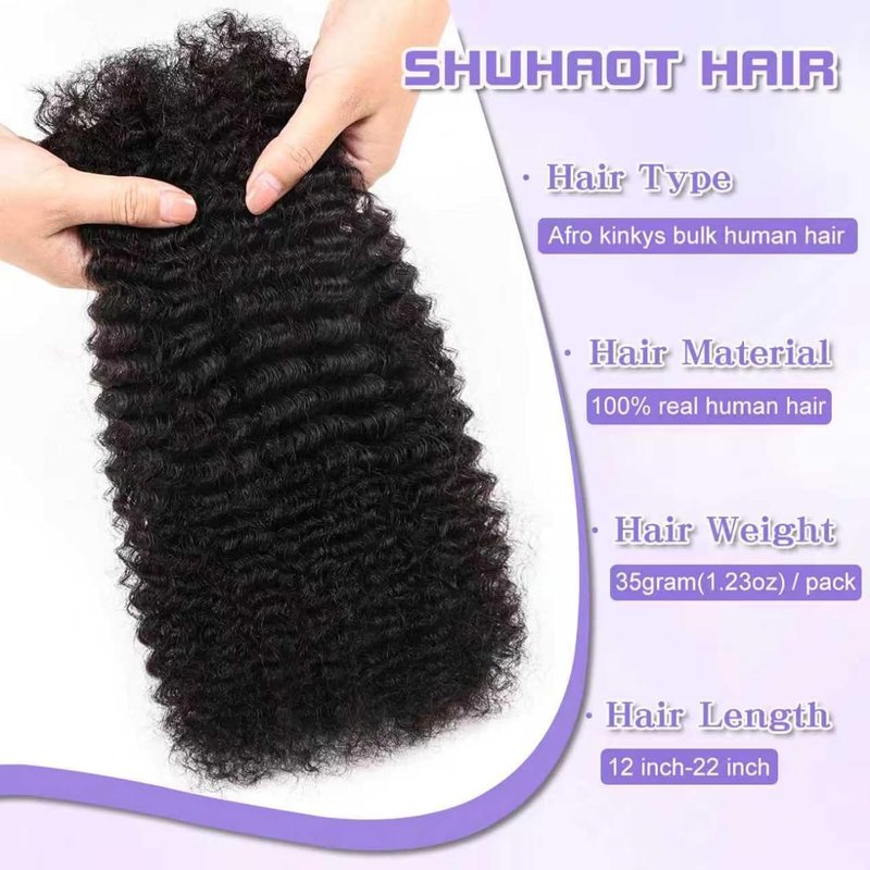 Kinky Curly Human Hair for Braiding - Soft 4C Afro Bulk Extensions | Natural Black 16 Inch (1B, 35g/Pack)