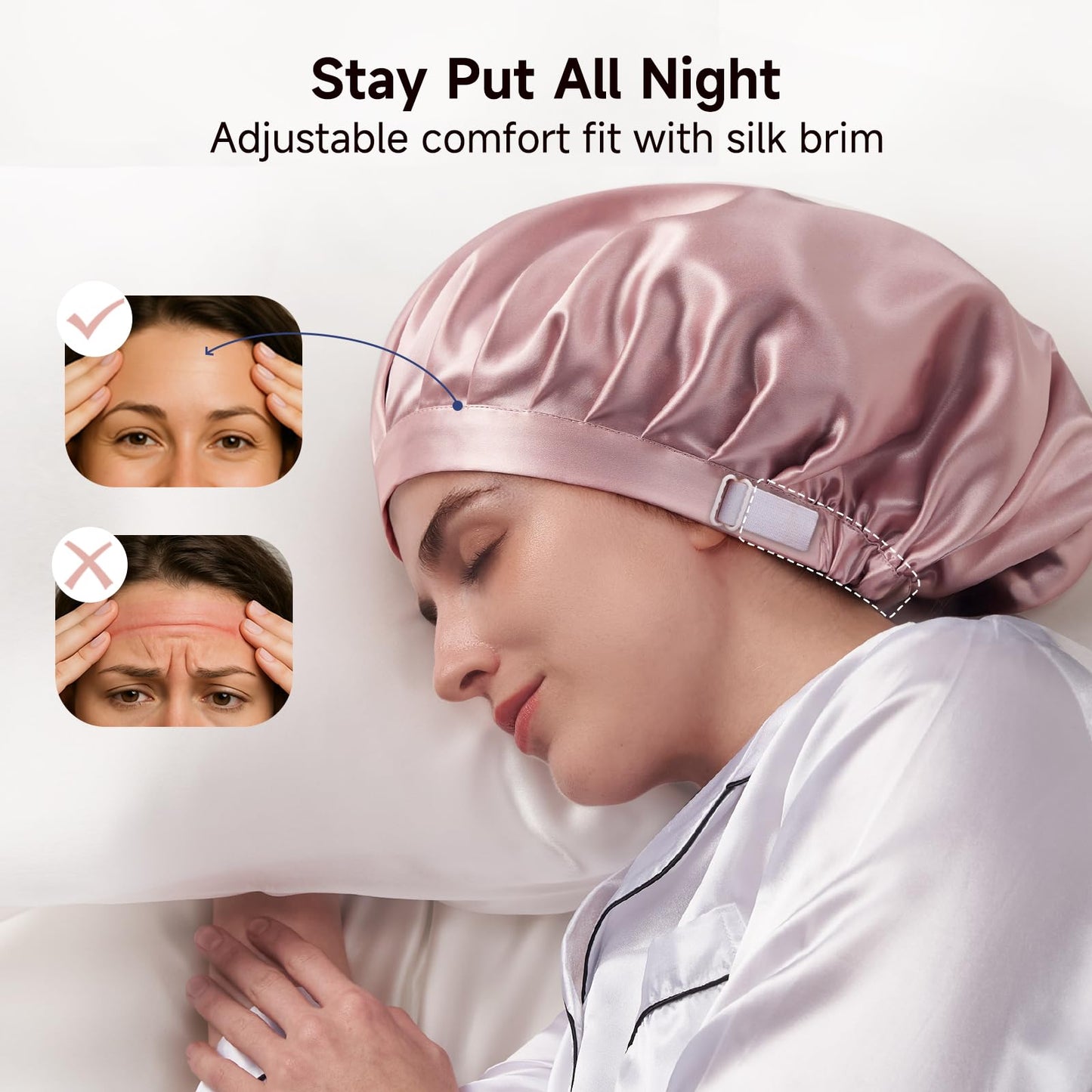 Kaome 100% Mulberry Silk Bonnet for Sleeping Women, 22 Momme Double Layer Silk Hair Wrap, Non-Slip Sleep Cap with Adjustable Elastic Band for Long Curly Hair Care, Comfortable and Breathable, Pink