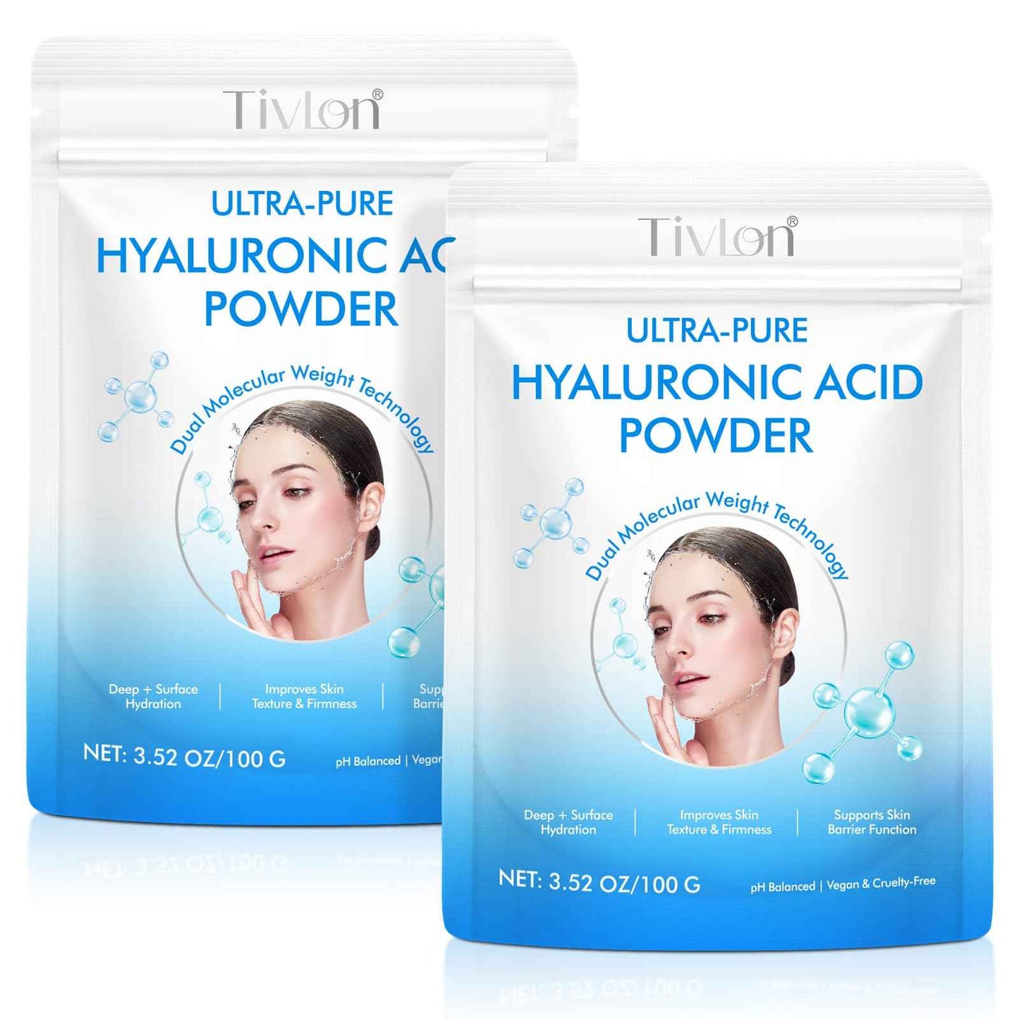 2pack Hyaluronic Acid Powder for Skin, Dual Molecular Weight Hyaluronic Acid Serum Powder, Skin Hydration, Reduce Wrinkles, Improve Skin Elasticity for DIY Serums, 200g