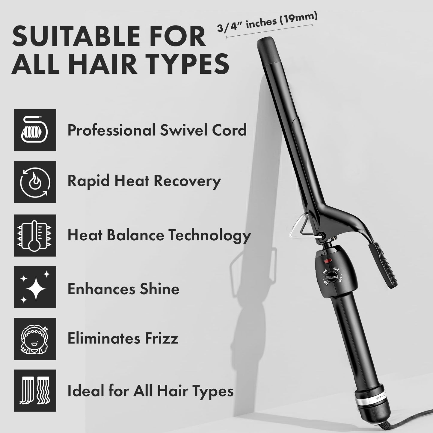 StyleCraft Stay-Temp Black Gold Ceramic 3/4” Long Barrel Curling Iron - 7" Extra-Long Barrel for Professional Styling, Infinite Temperature Control (280°F–450°F), Ideal for Long & Thick Hair
