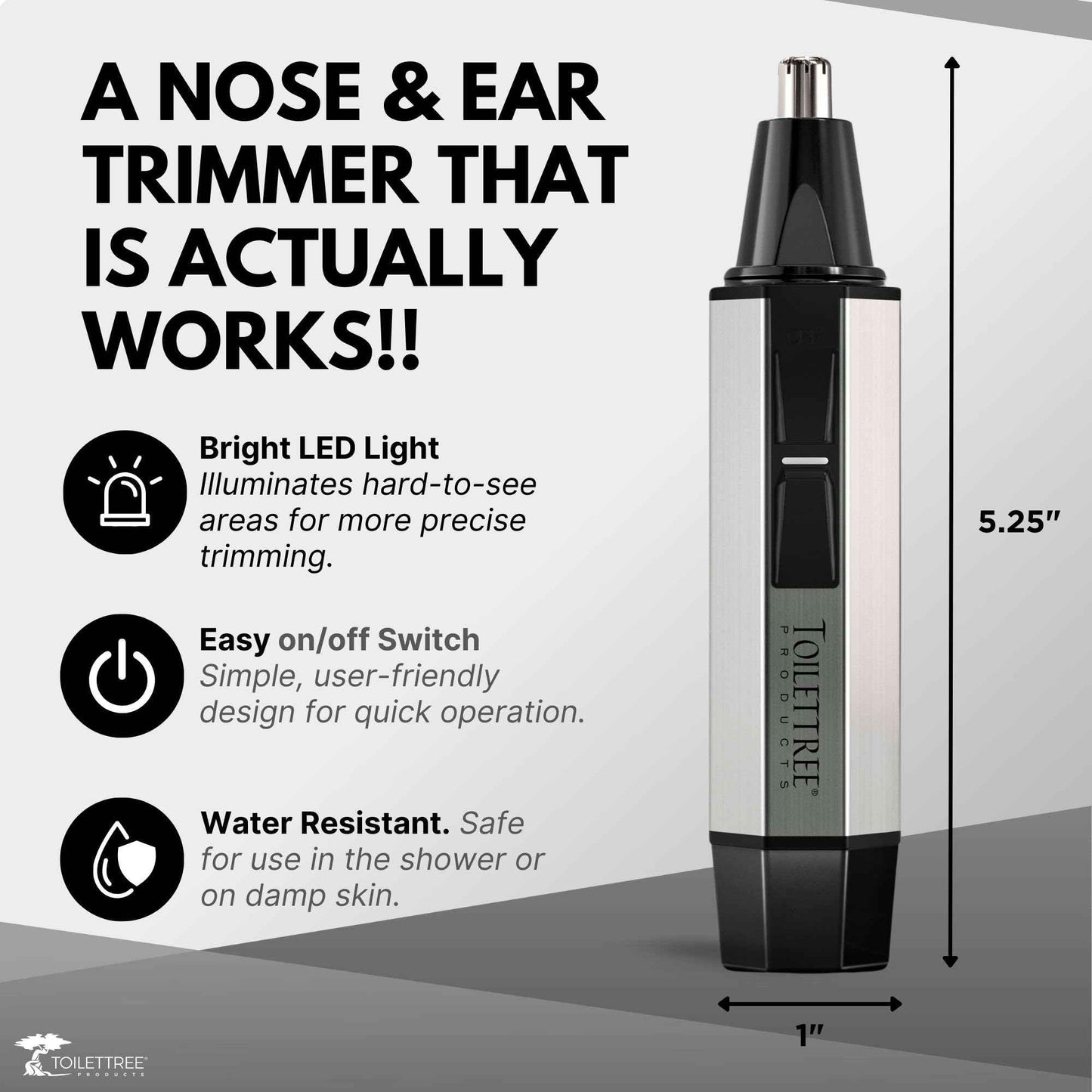 ToiletTree Products Nose Hair Trimmer with LED Light - Stainless Steel, Heavy-Duty Casing - Ear & Nose Hair Trimmer - Men's Grooming Trimmer for Beard, Eyebrows, and Ears