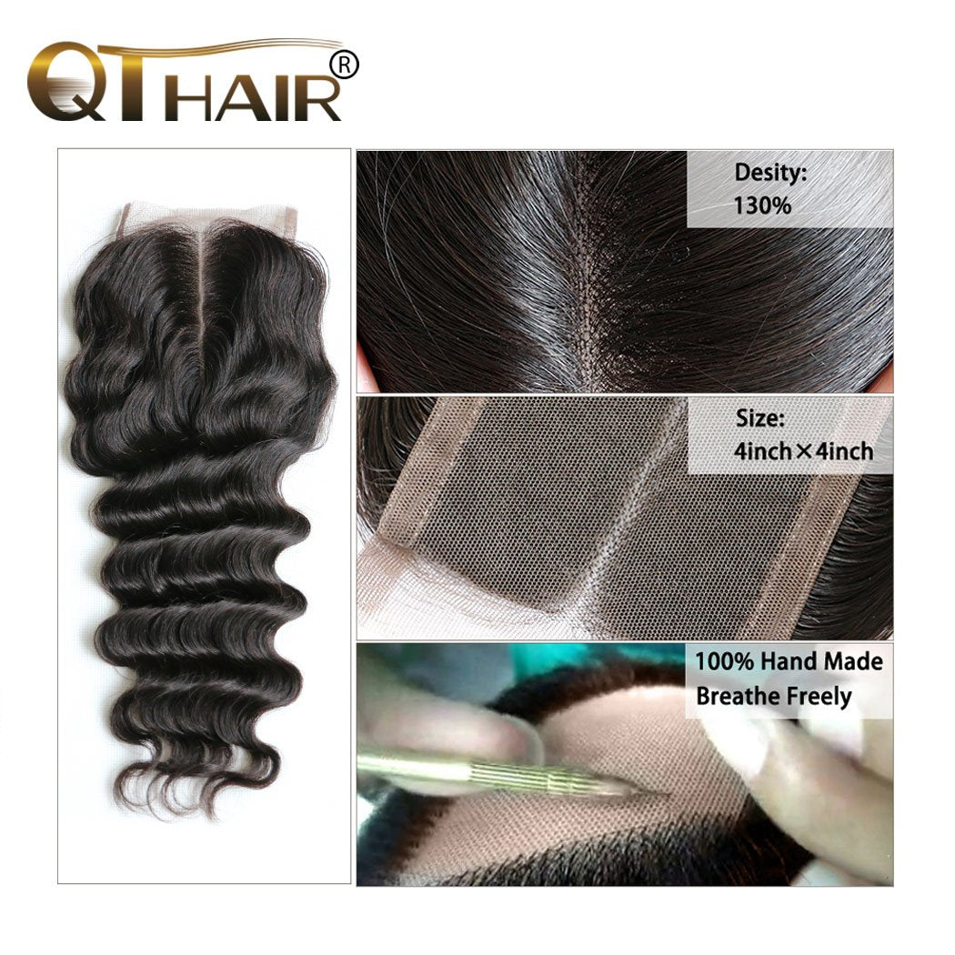 QTHAIR 18A Loose Deep Wave Lace Closure - 4x4 Brazilian Human Hair, Pre-Plucked, 14" with Baby Hair