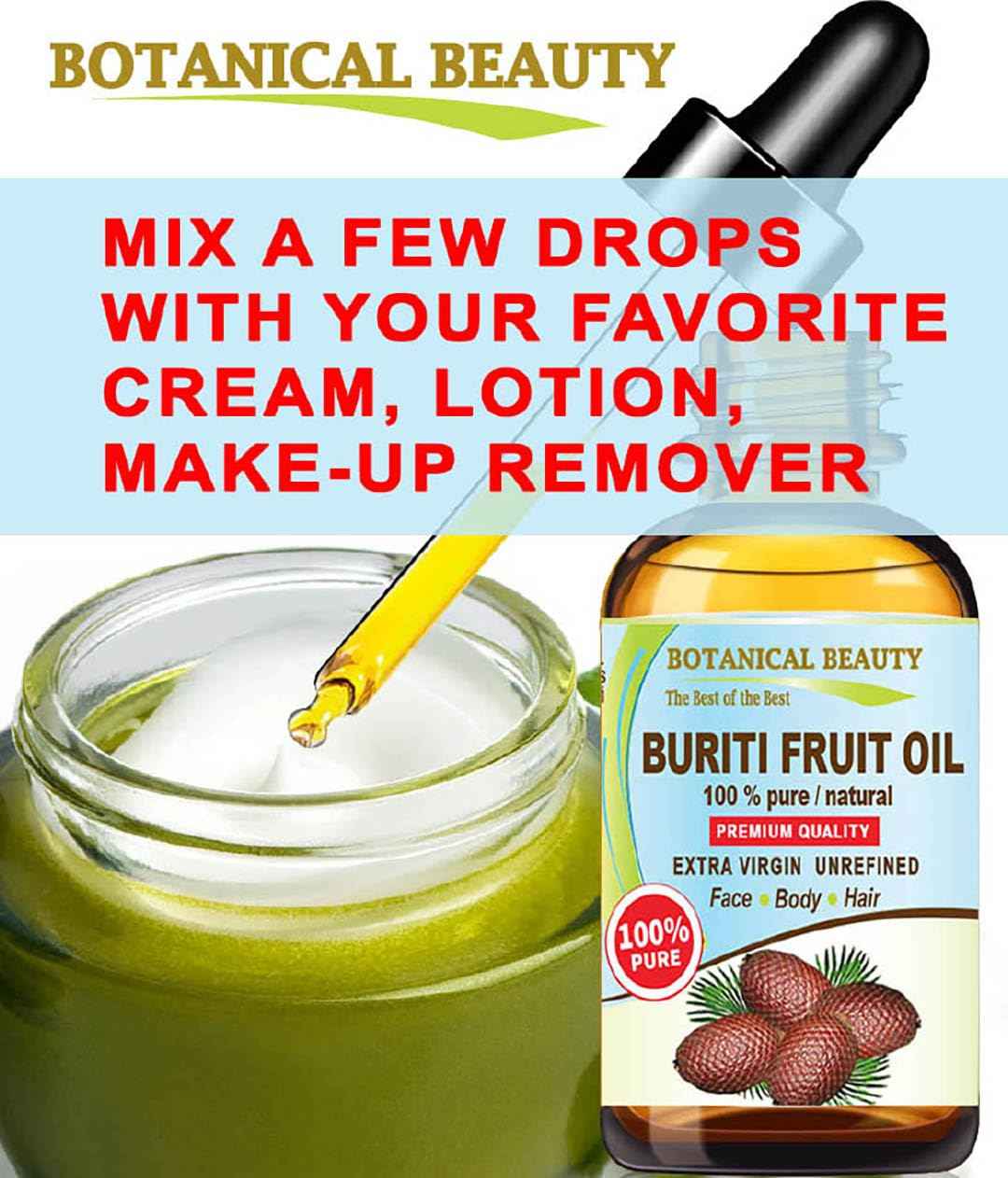 Botanical Beauty Brazilian BURITI FRUIT OIL 100% Pure Natural Virgin Unrefined Cold Pressed Carrier Oil Undiluted for Face, Body, Hair, Lip, Nails (1 Fl Oz)