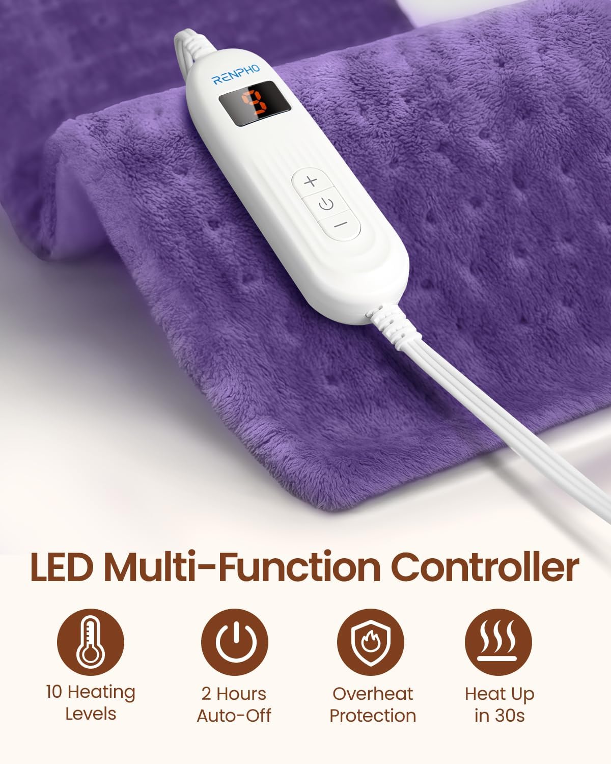RENPHO Electric Heating Pad for Back Pain Relief - ETL Certified, Auto Shut Off | 12" x 24" Violet