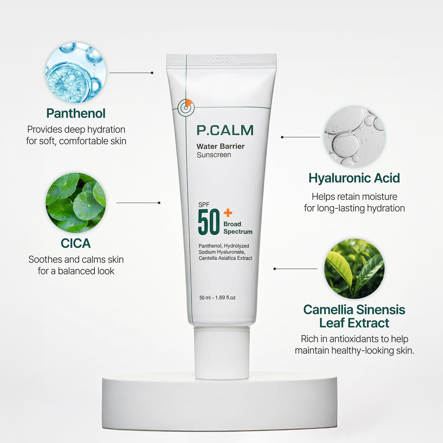 P.CALM Water Barrier Sunscreen SPF50+ PA++++ | Lightweight Hydrating Glow Sunscreen with Panthenol, No Whitecast Daily Face Sunscreen for Sensitive Skin | Korean Skincare, 50ml / 1.69 fl.oz