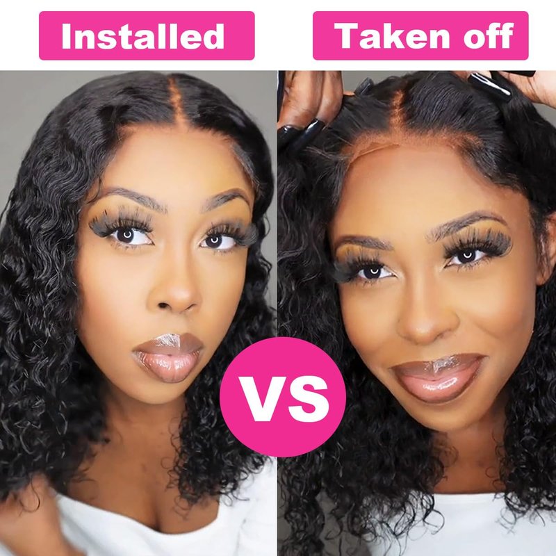 Glueless Wigs Human Hair - Pre Plucked Bob Wig | 180% Density Deep Wave Curly 12-Inch Natural Black