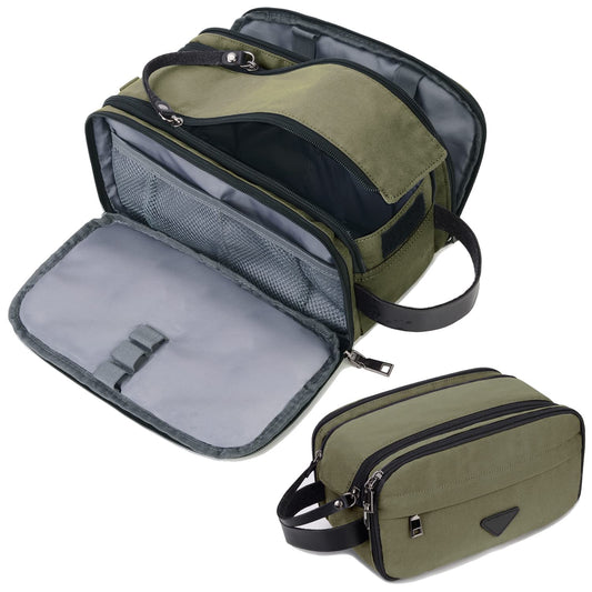CROCOD Toiletry Bag for Men - Water-Resistant Oxford Travel Organizer Dopp Kit with Double Zippers, Padded Shaving Bag for Bathroom, Gym, Dorm - Multi-Function Cosmetic Storage Bag (Green)
