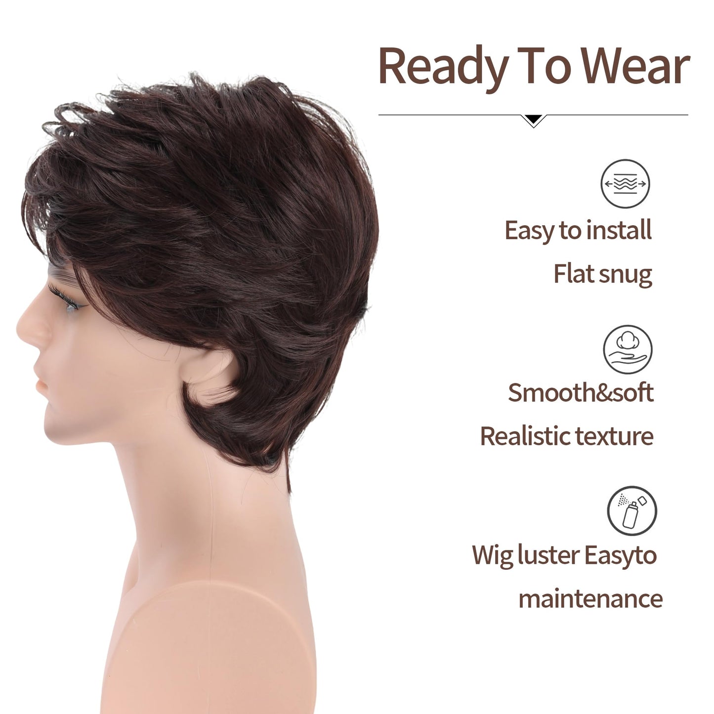 VRbeatter Short Brown Wig for Men Layered Cut Wavy Fluffy Hair Wig with Bangs for Men Highlight Short Wig Natural Looking Synthetic Wigs for Daily Use Brown Mix Gold (M610)
