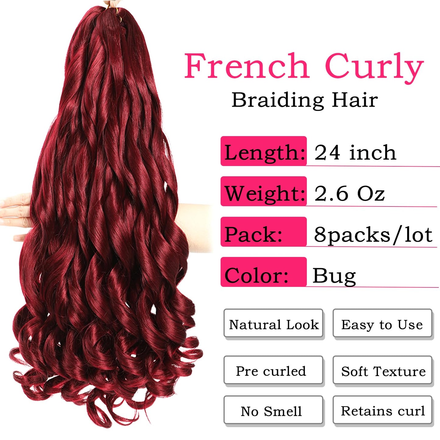 Conrora French Curly Braiding Hair 24 Inch 8 Packs Burgundy Color - Pre Stretched Bouncy Braiding Hair- Loose Wavy Synthetic Hair Extensions For Black Women (24 inch 8 packs, Burgundy)