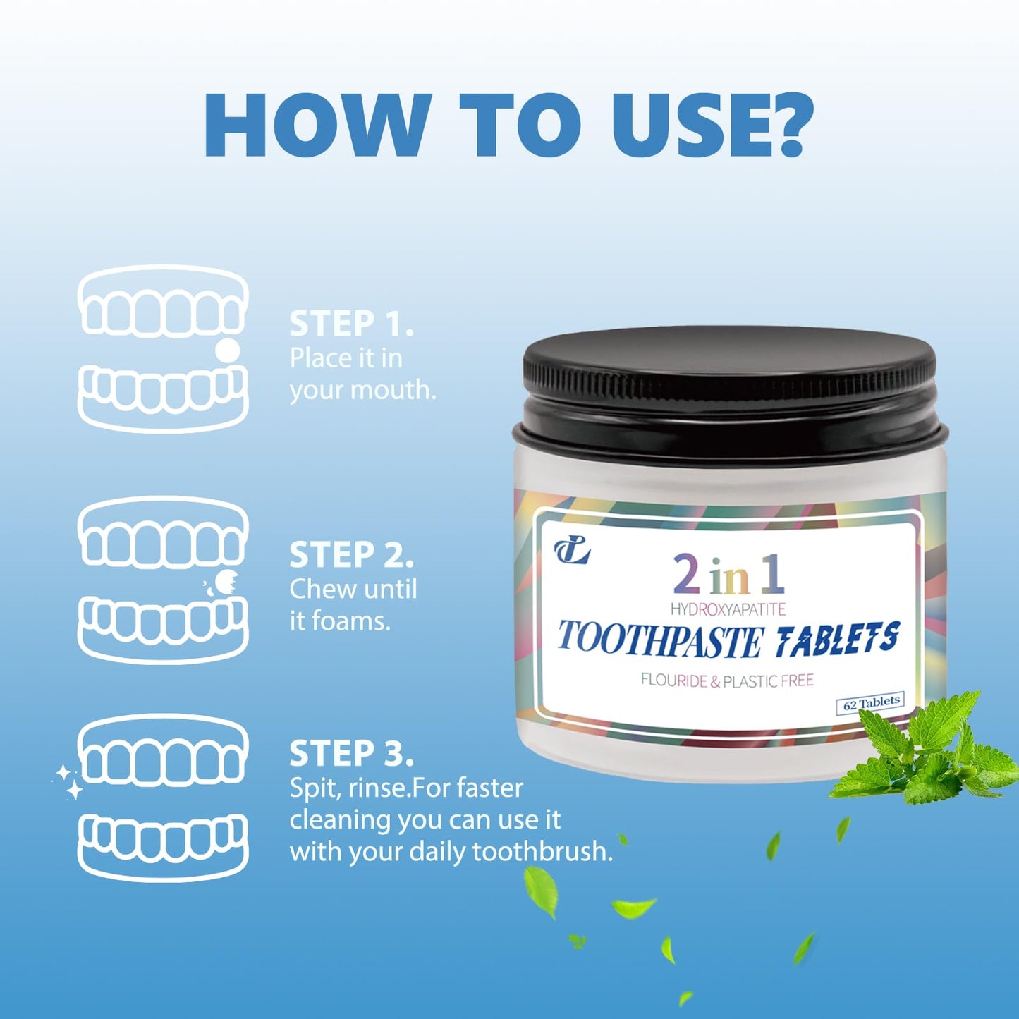 Toothpaste Tablets with Nano Hydroxyapatite – 2-in-1 Chewable Mint Tablets for Fresh Breath & Daily Cleaning, Fluoride-Free, Travel Friendly Jar, 62 Count (1)