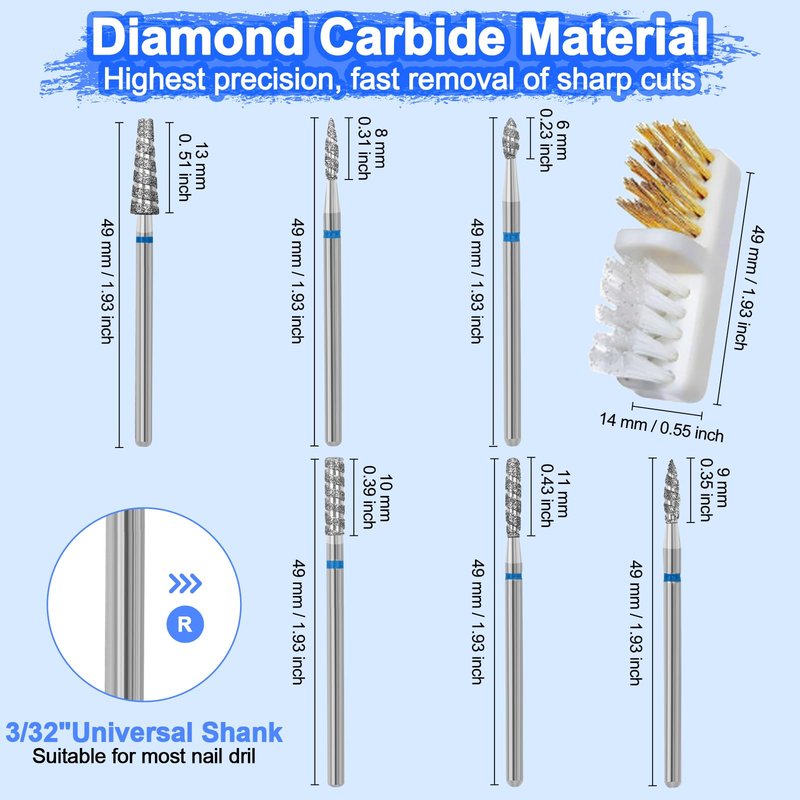 Diesisa 6 Pack Nail Drill Bits for Acrylic Nails, Diamond Carbide Nail Clipper Heads with Diamond Spiral Grooves, 3/32 Inch Cutter Attachment for Nail Preparation, Cuticle and Dead Skin Removal-Blue