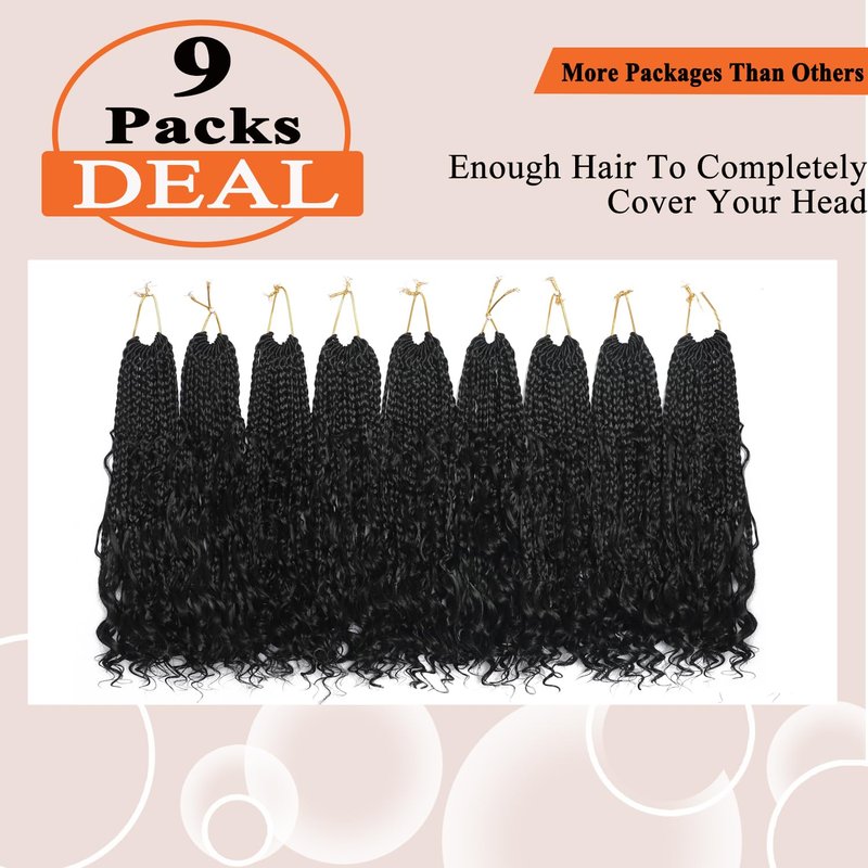 Goddess Box Braids Crochet Hair - 9 Packs, 14 Inch Pre-Looped with Curly Ends | Bohemian Style 1B