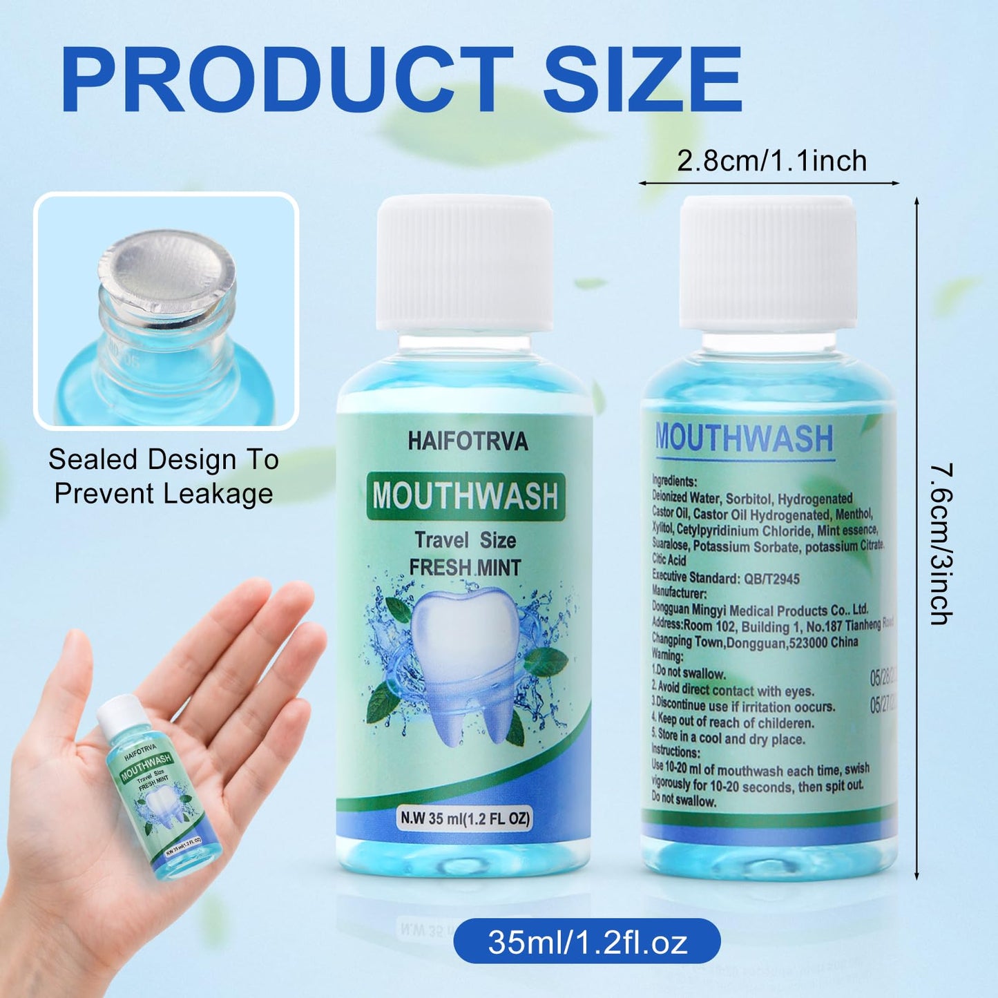 HAIFOTRVA 50 Pcs Mini Mouthwash Travel Size Bulk,Blue Portable Mint Flavor Mini Mouthwash Individual 35ml/1.2oz On the Go Mouth Wash Small Bottle for Travel,Office,Toiletry Kits