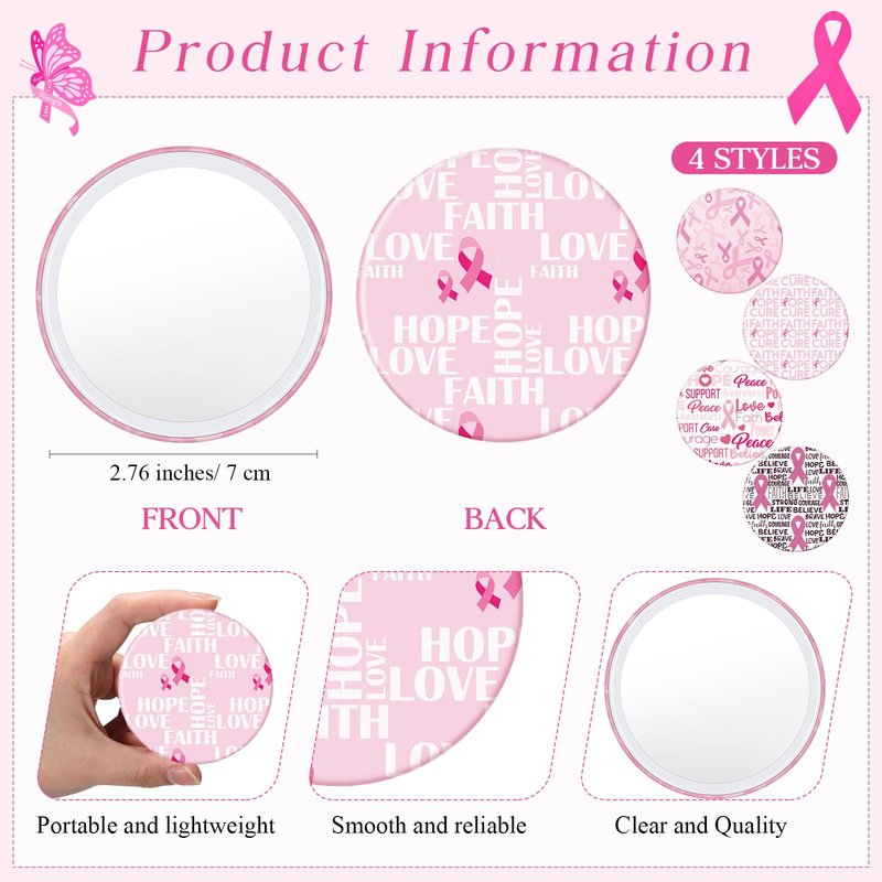 Pinkunn 100 Pcs International Women's Day Gifts Bulk for Woman Pink Inspirational Faith Compact Mirrors for Nurse Coworkers Motivational Cancer Awareness Small Pocket Travel Makeup Mirrors (Ribbon)