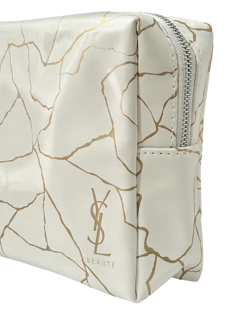 Yves Saint Laurent YSL Cosmetic White Gold Marble Zip Pouch Makeup Bag YSL Fragrance Bag (5.5L X 5H X 2W) - SMALL