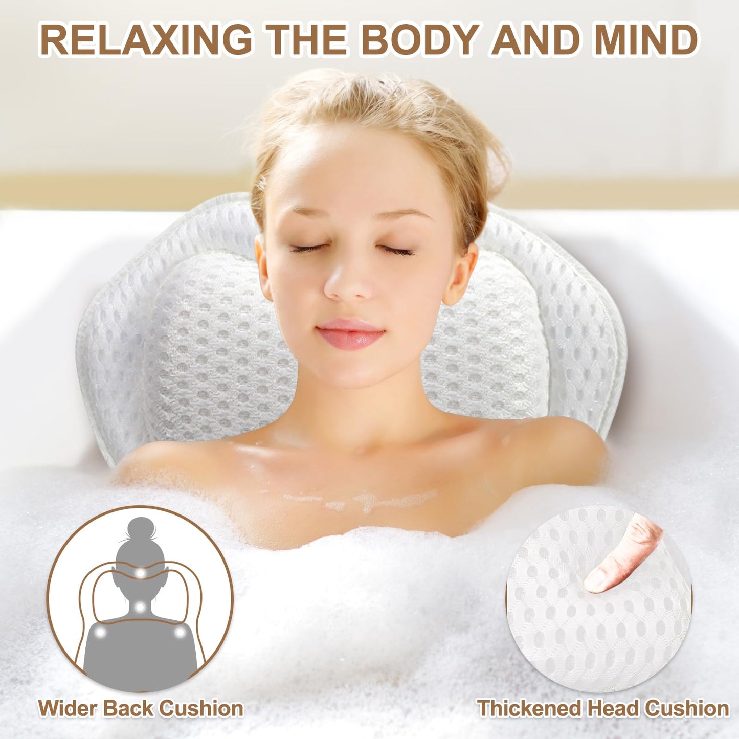 Bath Pillow for Tub, Bathtub Pillow for Head, Neck, Shoulder and Back Support, Ergonomic Luxury Bath Pillow for Bathtub, 6 Strong Suction Cups and Hook, Bathroom Accessories, White