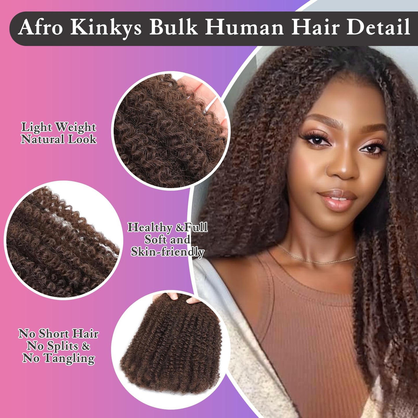 Afro Kinkys Bulk Human Hair for Dreadlocks Extensions Repair Locs, Twist Braiding Afro Kinky Human Hair for Locs Natural Black Color 18 inches 1 Pack 30 Gram（1B/18inch/30g）