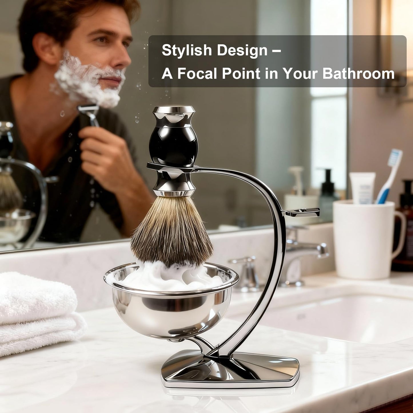 Shaving Bowl Set - 3-Piece Magnetic Base with Chrome Stand & Synthetic Brush | Razor Not Included