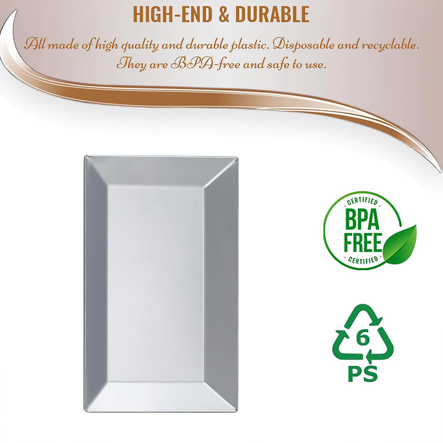 Kaya Elegant Rectangular Silver Plastic Dessert Plates (5.5" x 8.5") - Pack of 10 - Perfect for Weddings, Birthdays & Home Use