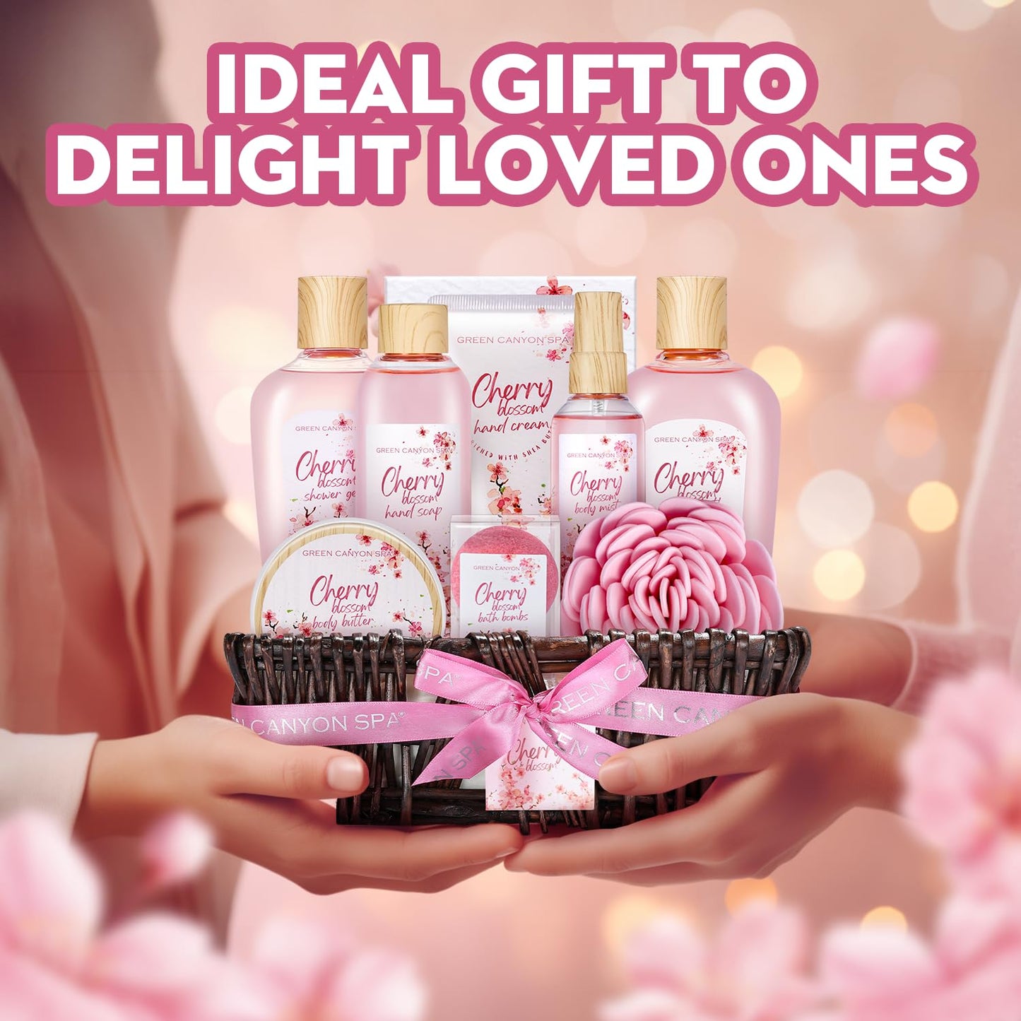 Green Canyon Spa Birthday Gifts for Women 11 Pcs Cherry Blossom Spa Gift Baskets Gift for Mom Friend Sister Wife Mothers Day Gifts Bath and Body Gift Sets Presents for Women