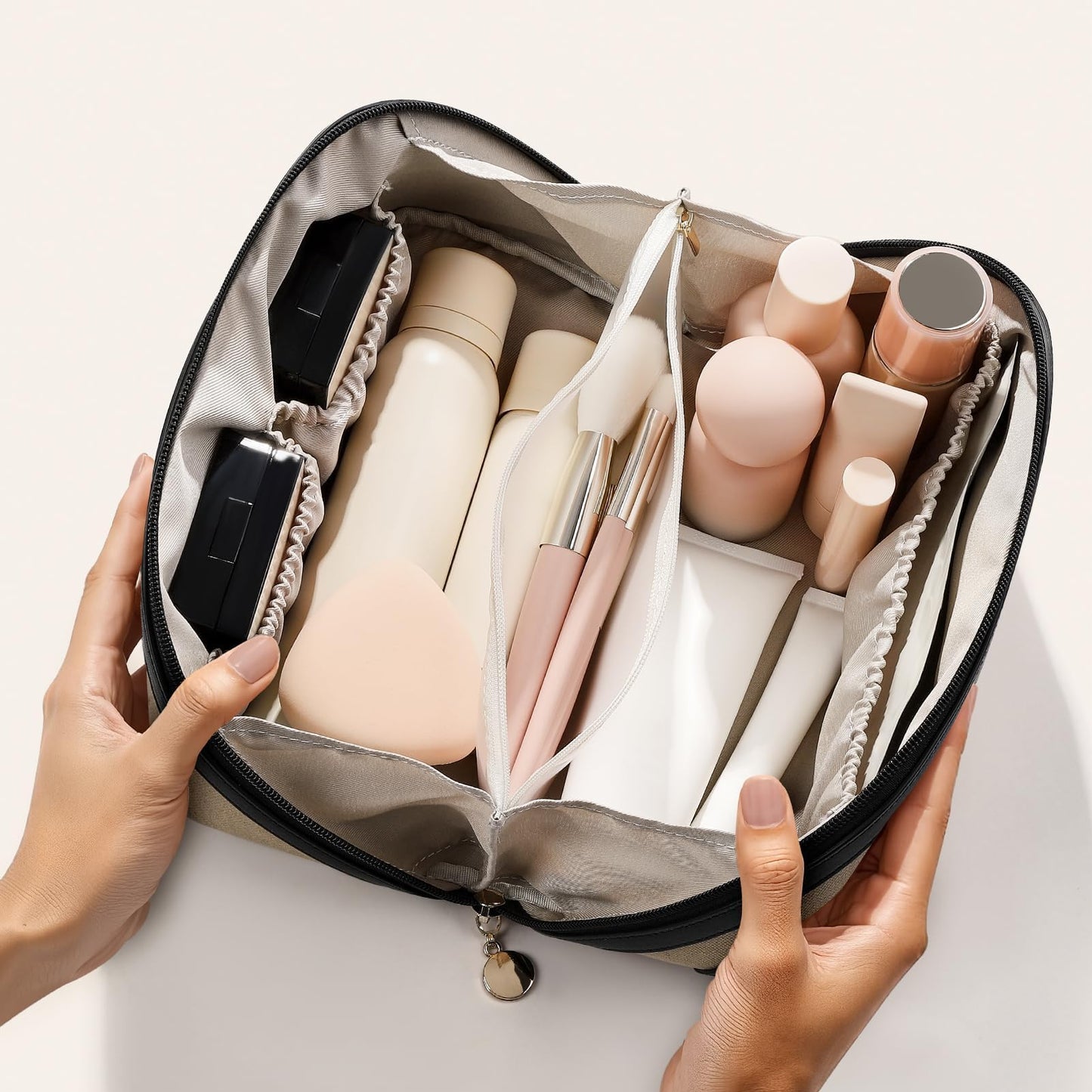 mibasies Flat Lay Travel Makeup Bag for Women, Dual-Zipper Cosmetic Bag, Large Capacity Toiletry Bag with Handle