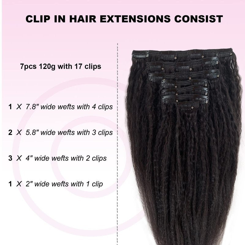 OiMiGO Real Hair Extensions, Natural Black Kinky Straight Clip in Extensions Brazilian Human Hair Clip ins Extension for Black Women 7 Pieces 14 Inch 120g