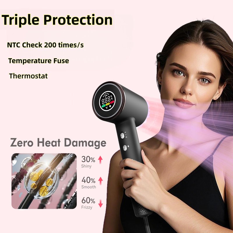 Lady.Right Professional Lightweight Ionic High Speed Hair Dryer 1500W with Nozzle - 110,000RPM Motor, High-Density Negative Ions Fast Drying Blow Dryer，4 Heat & 2 Speed Settings, LCD Display, Quiet
