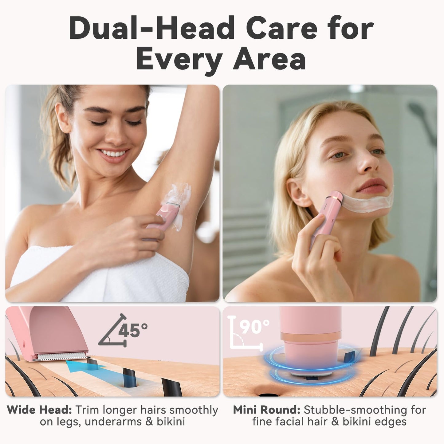 Fanovae Bikini Trimmer for Women – Gentle Electric Razor for Sensitive Areas, Waterproof USB-C Rechargeable Shaver for Body & Face, Stocking Stuffers Holiday Gift (Petal Pink + Petal Pink)