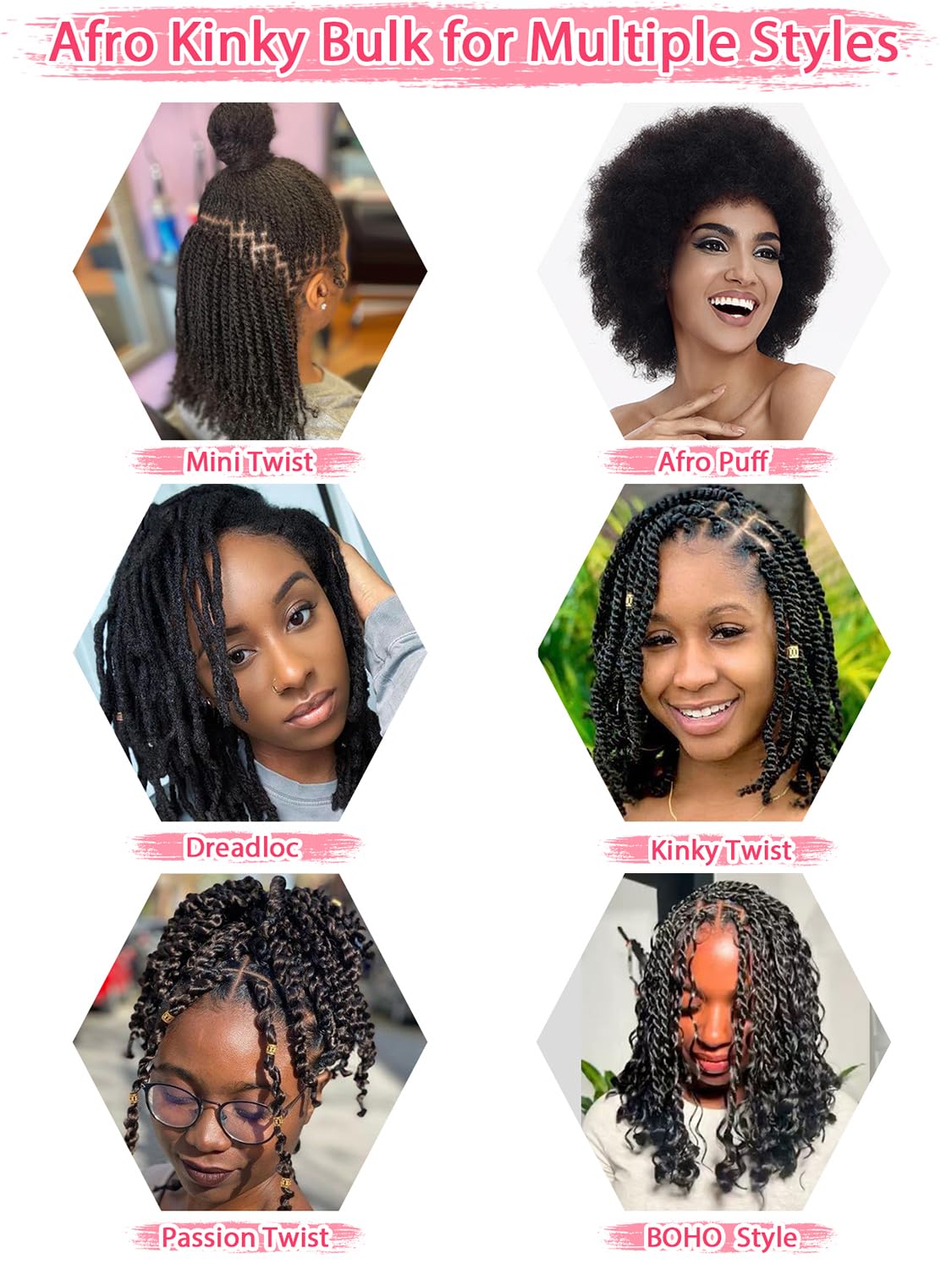 REBECCA FASHION Afro Kinky Bulk Human Hair 50g/Pack Braiding Hair for Dreadlock Extensions, Loc Repair, Afro Kinky Curly Human Hair Bulk for Twist 12 Inch Natural Black Color