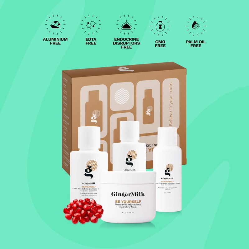 GINGER MILK Curly Hair Travel Set | Curly Method Kit with Shampoo, Hair Mask, Leave-In & Curl Defining Gel + Free Travel Bag | Nourishes, Hydrates & Controls Frizz – TSA Approved Sizes | Be Yourself